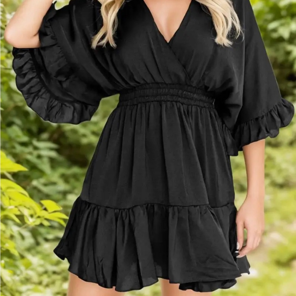 Black Wrap V-Neck Tiered Mini Dress 2X NWOT